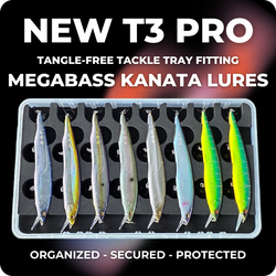 Launch poster of FishMore T3 Pro Tackle Box fitting Megabass Kanata lures in Plano 3700 size
