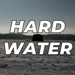 Hard Water text with Ice Fishing background