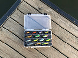 Top view of FishMore Favorites Bar Tackle Insert fitting Rapala Shad Rap Rattle Shad and others lures in Plano 3700 size box