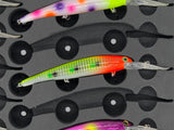 Close-up of FishMore T3 Pro Tackle Box fitting Bandit Walleye Deep Diver - Generator lures in Plano 3700 size