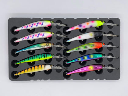 Top view of FishMore T3 Pro Tackle Box fitting Bandit Walleye Deep Diver - Generator lures in Plano 3700 size
