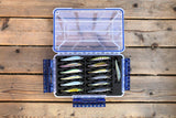 Top view of FishMore T3 Pro Tackle Box fitting Megabass Vision ONETEN lures in Flambeau WP5000 size