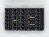 Top view of FishMore T3 Pro Tackle Box fitting Rapala Jigging Rap size 3 lures in Plano 3600 size